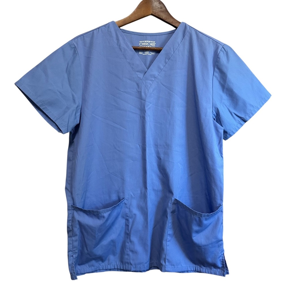Cherokee Workwear Scrub Top Women's Small V Neck Short‎ Sleeve Blue